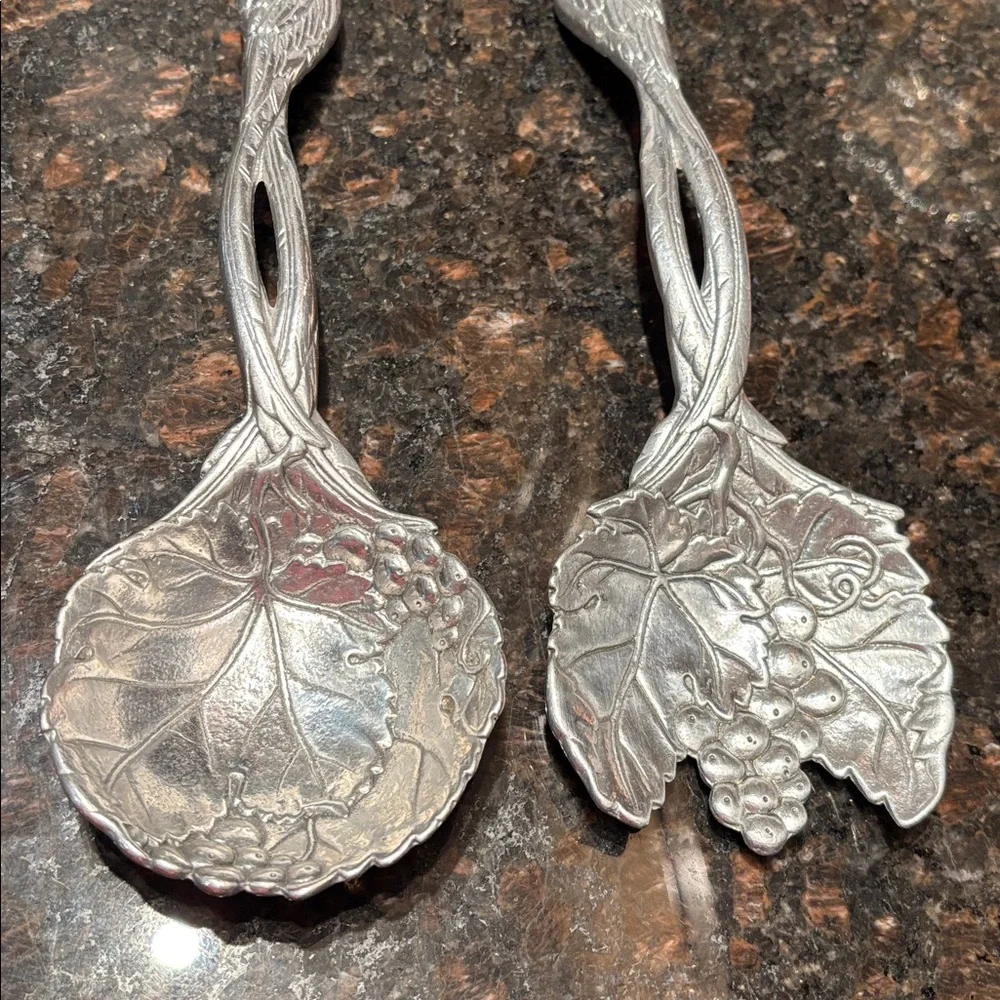 Vintage 1999 Arthur Court Aluminum Salad Serving Set ~ Spoon/Fork Bird Design